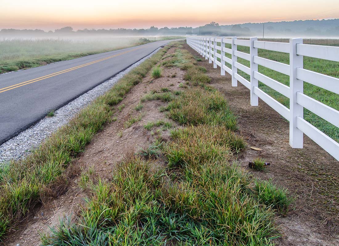 Oxford, AL - View of an Empty Road with Green Grass and Shrubs Growing on the Side Next to a White Picket Fence on a Foggy Morning in Oxford Alabama